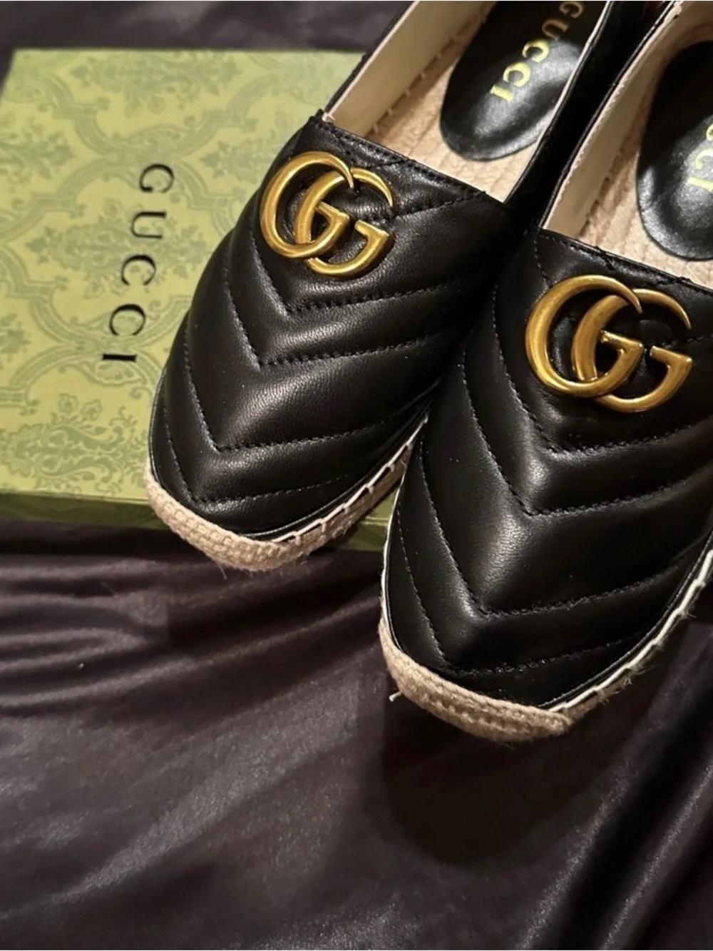 Gucci Black Quilted Leather Espadrille with Gold Double G
